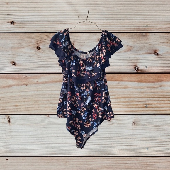 Cato Tops - 47. Ruffle-Neck Floral Body Suit